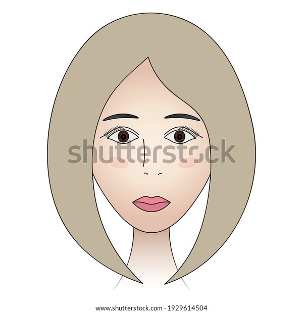 女は顔を向ける 女性の満面 色とベクターイラスト 茶色の目をしたかわいい金髪 典型的なボブの髪型 彼女の頬は柔らかく赤らむ のベクター画像素材 ロイヤリティフリー
