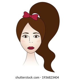 Las mujeres se enfrentan. Señora de la cara llena. Largo cabello atado en un arco en una cola de caballo. Ilustración vectorial coloreada. Brunette con ojos marrones. Huele a las mejillas. Largas pestañas. Los labios están pintados con lápiz labial escarlata. 