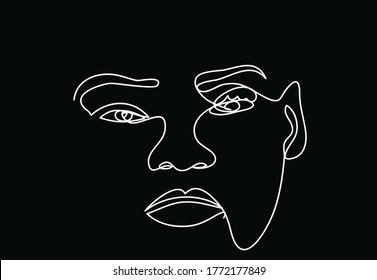 Woman's face line art vector design. black background.