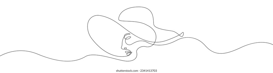 A woman's face line continuous drawing vector. One line A woman in a hat vector background. Aesthetics of a woman icon. Continuous outline of a Woman's head, beauty.