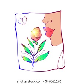 The woman's face and lips with a flower and a heart. Beautiful vector illustration.