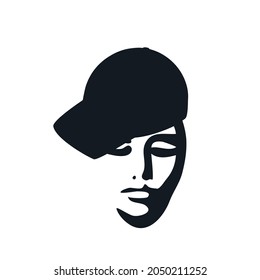 Woman's face logo in a cap baseball hat Art graffiti Girl power symbol emblem Hand drawn ink stamp Street hip-hop style Abstract shades design Fashion print clothes apparel greeting invitation card ad