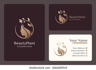 woman's face logo combined with golden flower branches.