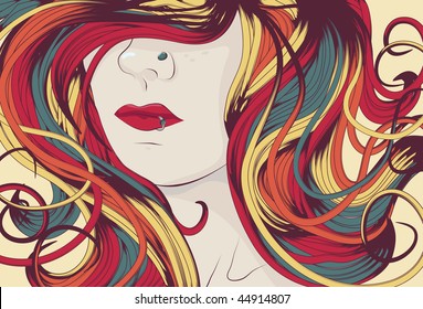 Woman's face with long colorful curly hair. eps10 file.