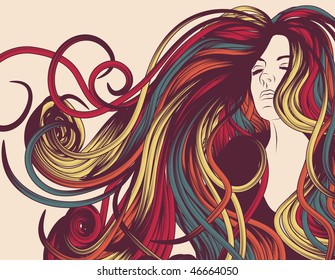 Woman's face with long colorful curly hair