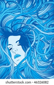 Woman's face with long detailed flowing blue hair