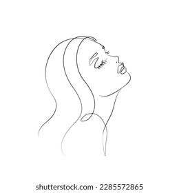 Woman's face with long eyelashes. Abstract portrait, continuous line drawing, single line on white background, isolated vector illustration. Tattoo, print and logo design for a spa or beauty salon.