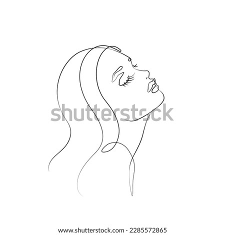 Woman's face with long eyelashes. Abstract portrait, continuous line drawing, single line on white background, isolated vector illustration. Tattoo, print and logo design for a spa or beauty salon.