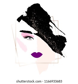 Woman's face with makeup. Abstract face. Nude, pink, gold, lilac, black brush strokes.