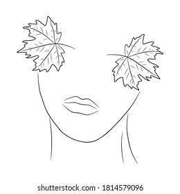 Cara de mujer con hojas de arce en lugar de ojo. Ilustración vectorial dibujada a mano en estilo de arte de línea, aislada en un fondo blanco.