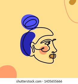 The Woman's Face Minimal Line Style. Continuous One Line drawing Abstract Vector Portrait of a female Isolated on a yellow Background. Logo template, Beauty Concept, t-Shirt Print, postcard, poster