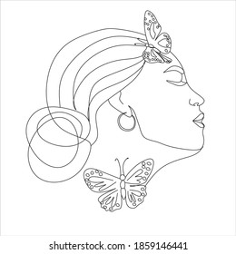 Womans Face Minimal Line Style ol-line drawing.  Vector female Portrait.Butterfly on Hand One Line Drawing.