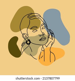 Estilo de línea mínima de la cara de la mujer. Resumen Collage contemporáneo de formas geométricas en un estilo moderno y moderno. Retrato vectorial de una mujer. Concepto de belleza de plantilla, impresión de camisetas, postal, afiche