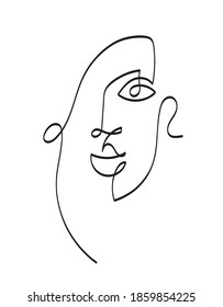 Woman's face minimalistic linear sketch. One Continuous line, hand drawn illustration. 

