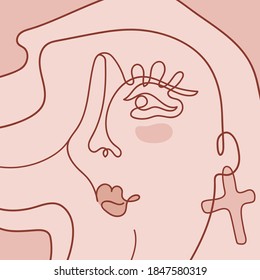 Woman's face in modern style with continuous outline print on t-shirt. Trendy abstract continuous one line woman portrait for Beauty Concept, t-Shirt Print, postcard, cards, posters, avatars. Woman's face logo