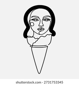 La cara de la mujer que se transforma en cono de helado, arte de línea negra simple