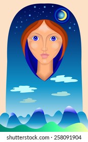 The woman's face, mountain night landscape