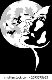 El rostro de una mujer de fondo negro. Misticismo. Bruja. Luna. Bat.