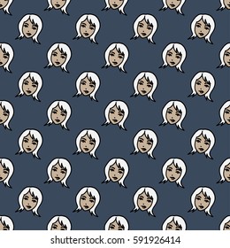 Woman's face on dark blue background. Vector seamless pattern
