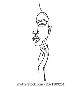 Woman's face in one line art style isolated on a white background. Continuous line icon. Outline minimalist design. Elegant silhouette for cards, textile and decor.  