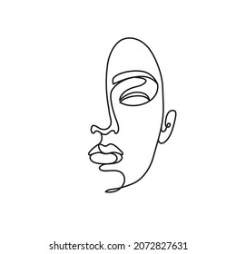 Woman's face in one line art style isolated on a white background. Continuous line icon. Outline minimalist design. Elegant silhouette for cards, textile and decor.  