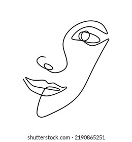 La cara de la mujer en una línea de ilustración vectorial estilo arte. Arte continuo de una sola línea en estilo elegante para impresiones, afiches, imprimibles, tatuajes, etiquetas. Hermosa cara femenina sonriendo. Decoración de arte en pared de vectores