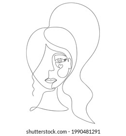 Das Gesicht der Frau in einer Reihe. Skizze. Das Mädchen hat den Kopf. Vektorgrafik. Lange Haare an einem Pferdeschwanz gefesselt. Einzeiliger Stil. Klumpen Sie die Lippen und ein Herzzeichen auf der Wange. Lange Wimpern. 