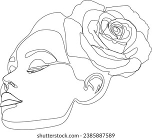 Woman's face in online line art vector with a rose flower on her head. Single line art for textile, card prints and fashion design.