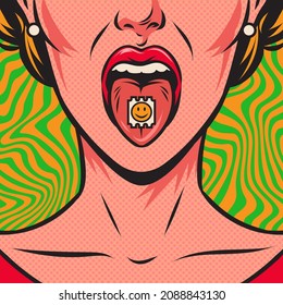 Woman's face with open mouth and lsd stamp with a smile on her tongue, and psychedelic background. Acid drug. Vector comic pop art retro illustration. Template for card, poster, banner. 