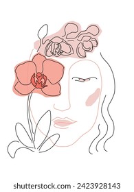 Woman's face and orchid in one line and spot vector minimalistic illustration