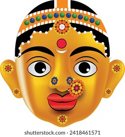 woman's face painted mashed paper (papier mache) mask on a white background isolated with work path. for textile fabric patterns.