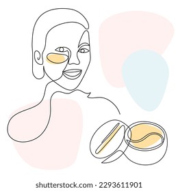 Woman's face with patches under the eyes. Personal care, skin care, beauty treatments. One line drawing, vector illustration.