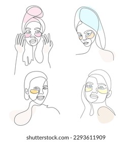 Woman's face with patches under the eyes. Personal care, skin care, beauty treatments. One line drawing, vector illustration.