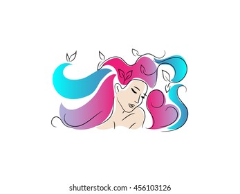 Woman's face with pink and blue hairs. Abstract design concept for beauty salon, spa, massage, cosmetic shop. Vector logo template. Vector Illustration EPS10.