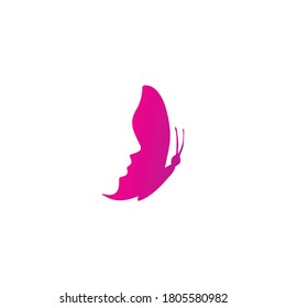 Woman's face in pink butterfly wings. Abstract design concept for beauty salon, spa, massage, cosmetic shop. Vector female logo template.