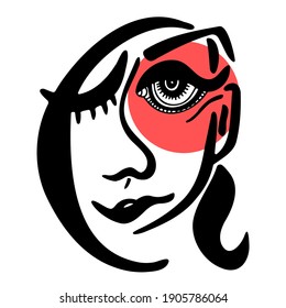 La cara de la mujer. Retrato. Esbozo rápido de un rostro humano sobre fondo blanco.Dibujo contemporáneo al estilo cubista moderno. Ilustración para afiches, camisetas, impresión, tela y diseño de empaquetado.