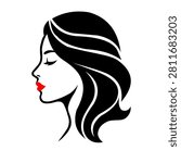 Womans face in profile with closed eyes and red lips woman silhouette illustration.