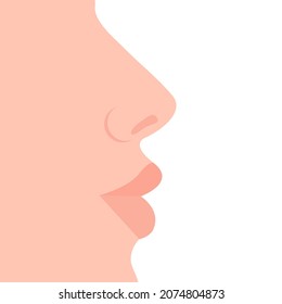 Woman's face in profile, nose and lips close-up. Vector illustration, flat minimal color cartoon design, isolated on white background, eps 10.