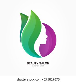 Woman's face in purple circle shape with green flower leaves. Vector female logo design template. Abstract design concept for beauty salon, massage, cosmetic and spa. 