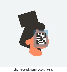 Woman's face with QR code of the Covid vaccine or digital vaccination certificate. Portrait of faceless woman with qrcode. Vaccinated person show digital health passport. Flat vector illustration