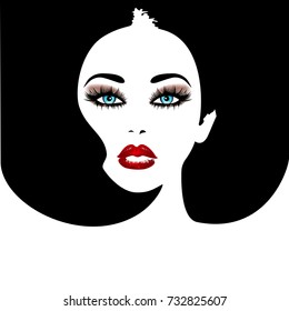 Woman's face with red lips and blue eyes. Vector fashion illustration. Black and white silhouette for your design
