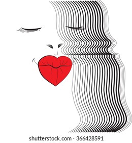 woman's face with red lips in a heart-shaped, wavy hair framed