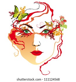 woman's face with red lips and red make-up