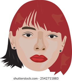 A woman's face, reddish-brown hair, dark hair, and red lips.