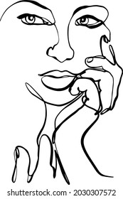 Woman's face resting her chin on her hand. Series of female portraits. Continuous line vector illustration on white background