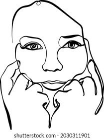 Woman's face resting her chin on her hands. Series of female portraits. Continuous line vector illustration on white background