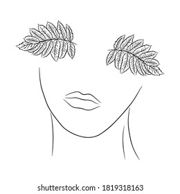 Woman's face with rowan leaves instead of eye. Hand drawn vector illustration in line art style, isolated on a white background.