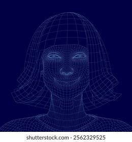 Woman's face is shown in a blue background. The woman has a smile on her face and her hair is styled in a bob. The image is a stylized representation of a woman's face