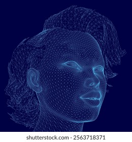 Woman's face is shown in a blue color. The face is made up of many lines and dots, giving it a 3D appearance. Concept of depth and complexity