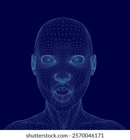 Woman's face is shown in a blue color. The face is made up of many lines and dots, giving it a futuristic appearance. Concept of technology and artificiality